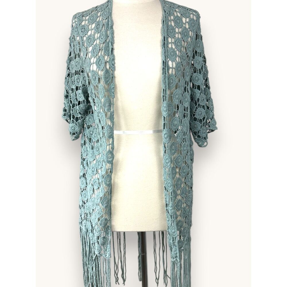 Rebellion L.A. Crochet Fringe Duster Cardigan Blue Gray Boho L